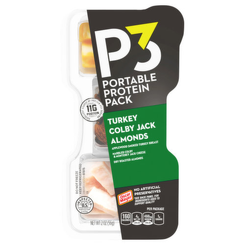 Oscar Mayer P3 Turkey, Almonds and Colby Jack Portable Protein Packs shake up your snacking routine with a deliciously convenient protein snack pack. Each pack contains snack-sized portions of applewood smoked turkey breast, dry roasted almonds and marbled Colby and Monterey Jack cheese. P3 is an excellent source of protein, with 13 grams per serving. Ready to eat right from the fridge, these individual protein snacks are a delicious source of energy when you need a boost. These 2 ounce portable meat and cheese trays are easy to open when you are on-the-go. P3 Portable Protein Packs are the more interesting way to get your protein.