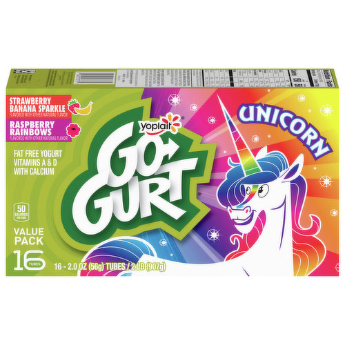 Enjoy fun and delicious kids yogurt with Go-GURT Unicorn Strawberry Banana & Raspberry Kids Fat Free Yogurt Tubes. The easy to open yogurt tubes are a convenient on the go snack or an easy gluten free breakfast. Pack frozen for school lunch box snacks. Portioned in two ounce yogurt tubes, this yogurt variety pack contains 8 Banana Sparkle and 8 Raspberry Rainbows yogurt individual snacks. Yoplait Go-GURT is a healthy snack made with live and active yogurt cultures; each kids yogurt tube contains no high fructose corn syrup and no colors from artificial sources. Store in the refrigerator and keep cold until you’re ready to enjoy. For best product quality, do not refreeze after thawing. Yoplait brings goodness to everyday moments, one serving of yum at a time.