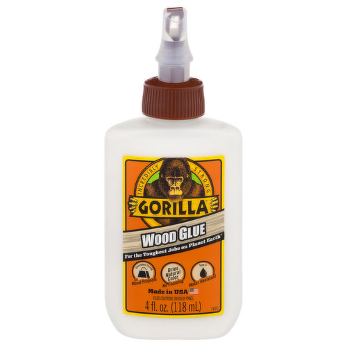 Incredibly strong. For the toughest jobs on planet earth. Incredibly strong for wood projects. Dried natural color. No foaming. Type II water resistant. Read cautions on back panel. Gorilla Wood Glue is a high-quality product that is designed for both indoor and outdoor woodworking and carpentry projects. www.gorillatough.com. Made in USA.