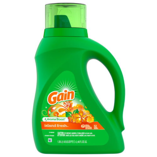 Whisk yourself away to a tropical paradise with the help of Gain Island Fresh Liquid Laundry Detergent! Take your nose on a sunnt vacation with the alluring scent of exotic fruits and flowers, wrapping your clothes in ahhhmazing freshness.Equipped with the cleaning power of Oxi Boost, and the odor-removal properties of Febreze, Gain Liquid Laundry Detergent provides you with excellent results wash after wash! Get rid of set-in odors and two-weeks old stains with the power of Oxi Boost, composed of highly effective pre-treaters, surfactants, and enzymes. Packing 50% more scent compared to regular Gain powder detergent, you can now revel in the ahhhmazing scent of Gain Liquid Laundry Detergent for up to six weeks from wash.