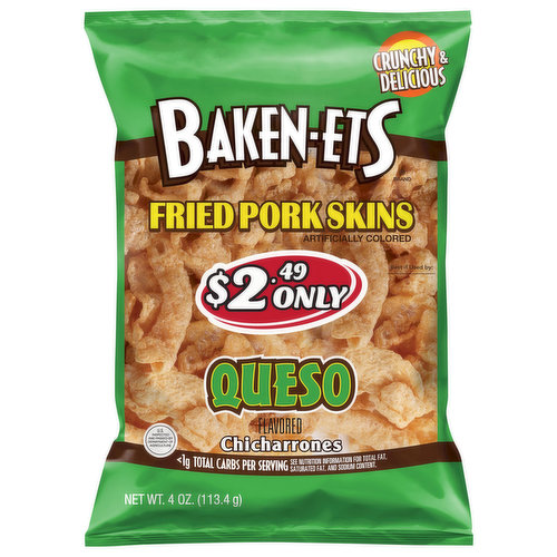 Chicharrones. Crunchy & delicious. Artificially colored. Savor the flavor! Baken-ets have been one of America's favorite snack brands for over 50 years. Each crispy, crunchy bite is carefully cooked to perfection and delivers the great flavor that has been loved for generations. So grab a bag and enjoy the great taste of Baken-ets!