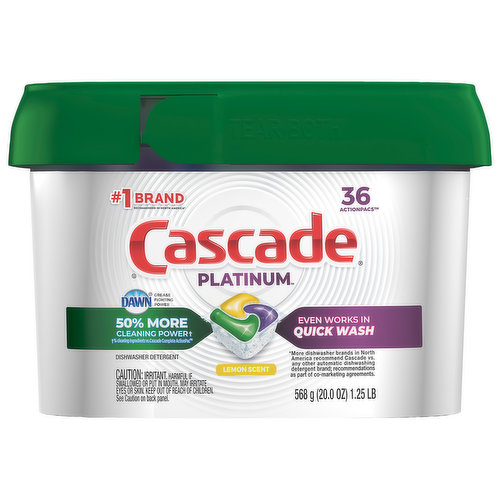 No. 1 brand recommended in North America (More dishwasher brands in North America recommended Cascade vs. any other automatic dishwashing detergent brand; recommendations as part of co-marketing agreements). Dawn. Grease fighting power. 50% more cleaning power (% cleaning ingredients vs Cascade complete ActionPac). Even works in quick wash. GE appliances; Frigidaire; Profile. Samsung; Whirlpool; Kenmore; Maytag; Electrolux. Phosphate free. Good Housekeeping: Since 1909. Quality tested. Limited warranty. ghseal.com for details. how2recycle.info. cascadeclean.com. Smartlabel. Cascade believes in the safety and quality of our products. Visit cascadeclean.com to learn more about what goes into our products and why we make those choices. For more ingredients information visit www.cascadeclean.com. 1-800-765-5516. Try our ultimate clean. Platinum ActionPac tackle tough messes + Rinse aid powerful drying + Dishwasher cleaner keep your machine sparkling. Dishwasher save water (vs. washing dishes at running sink for over 2 minutes). 4 gallons a cycle vs 4 gallons every two minutes. Energy star certified dishwashers use less than 4 gallons of water in 1 cycle. A running sink can use 4 gallons of water every 2 minutes. 8 is all it takes. Your dishwasher doesn't need to be full to save water. By skipping the sink, even 8 dishes can save water (Energy Star certified dishwashers vs. washing dishes at a running sink for over 2 minutes). Save 100 gallons a week. You can save 100 gallons of water per week by skipping the sink and using your dishwasher every day (vs. washing dishes at a running sink for over 10 minutes per day).