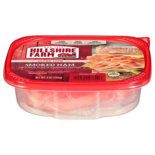 Enjoy premium sliced ham with Hillshire Farm Ultra Thin Sliced Smoked Ham Deli Meat. Slow smoked with no artificial flavors, Hillshire Farm smoked ham is juicy, flavorful and 97% fat free. Fully cooked and ready to eat, this sliced lunchmeat is perfect with cheese, onion and spinach on wheat bread for a delicious sandwich. This 9 oz pack of Hillshire Farm lunchmeat is double sealed for freshness.