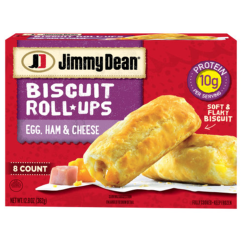 Help add power to your mornings with Jimmy Dean Frozen Egg, Ham and Cheese Biscuit Roll-Ups. Savory diced ham, real eggs and cheese are rolled into a soft and flaky biscuit for a delicious, portable breakfast at home or on the go. Made with no high fructose corn syrup and containing 10 grams of protein per serving, our biscuit roll-ups provide a protein packed option for your breakfast routine. Simply microwave and serve for an on the go breakfast. Includes one 12.8 oz package of 8 egg, ham and cheese biscuit roll-ups. Jimmy Dean once said, "Sausage is a great deal like life. You get out of it what you put in." Which pretty much sums up his magic formula for having a great day. Today, the Jimmy Dean Brand team brings you many ways to add some sunshine to your morning. Today's your day to shine on.