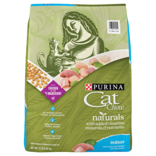 Serve Purina Cat Chow Naturals Indoor Plus Vitamins and Minerals adult cat food to your indoor cat and provide her with a delicious mealtime option packed with natural nutrition designed to meet her unique needs. This indoor cat food recipe features real chicken as the # 1 ingredient and is made with real turkey—and without added artificial flavors or preservatives—to give you added peace of mind every time you fill her dish. Natural fiber in every serving of this Purina Naturals cat food helps to control hairballs, and the special formulation helps promote her healthy weight. Watch as she comes running when she hears the sound of the cat kibble hitting her dish and rest easy knowing she's getting an indoor dry food for cats that contains all 25 essential vitamins and minerals. She gets a natural cat food taste and texture to satisfy her taste buds, and you get the comfort that comes from giving your cat companion a premium meal to help support her healthy, happy life with you.