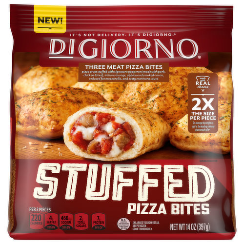 New! It's not delivery. It's DiGiorno. 2x the size per piece. On average by weight as sold v. the leading national pizza snack rolls (A serving (85 g) of ours = 3 pieces; theirs = 6 pieces). DiGiorno stuffed pizza bites are perfect for anytime snacking and sharing. Our bite size pizza snacks have full size flavor. Made with real cheese. Buttery garlic & herb seasoned crust. Zesty marinara sauce.