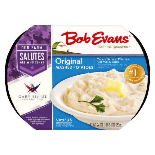 Farm-fresh goodness. America's no. 1 refrigerated mashed potatoes. (Source: IRI Scan Sales Data Total U.S. 52 weeks ending January 1, 2023). Serves 4-5. Microwaveable. Our farm salutes all who serve. We've donate $125,000 to the USO to support services for our military heroes, including mental wellness and strengthening programs. Our farm salutes, helps the USO provide valuable programs and services to our military heroes, we are proud to partner with the USO to support mental wellness and strengthening programs for our U.S military members, to learn more and to find out how you can get involved visit: www.uso.org.