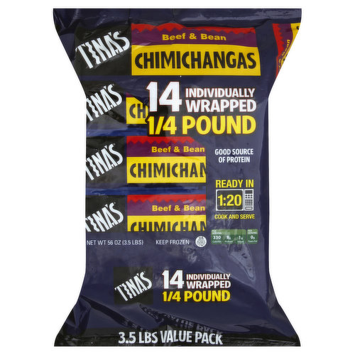 14 individually wrapped. 1/4 pound. Good source of protein. Ready in 1:20. Cook and serve. Camino Real kitchens. A taste of convenience. US inspected and passed by Department of Agriculture. Per Serving: 330 calories; 8 g protein; 1 g sugar. Per Serving: 0 g trans fat. 100% recyclable plastic. www.tinasburritos.com. Facebook: Become a fan of Tina's.