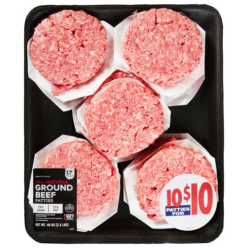 All-natural (Minimally processed. No artificial ingredients). 10 Patties for $10. Ready to cook. Cook beef to 160 degree F international temperature.