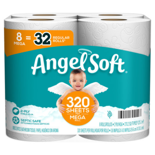 Here’s something to harp on—Angel Soft Mega Rolls last and last with rolls that are 4 times as big as our Regular Rolls. With 320 2-ply sheets on every Mega Roll, you’ll always have plenty of the softness and strength you love on hand. Plus, each generously sized roll still fits harmoniously in most standard bathroom toilet paper holders. And like all your favorite Angel Soft products, our Mega Rolls are flushable and septic safe in well-maintained sewer and septic systems. Angel Soft Toilet Paper. Soft and strong. Simple.