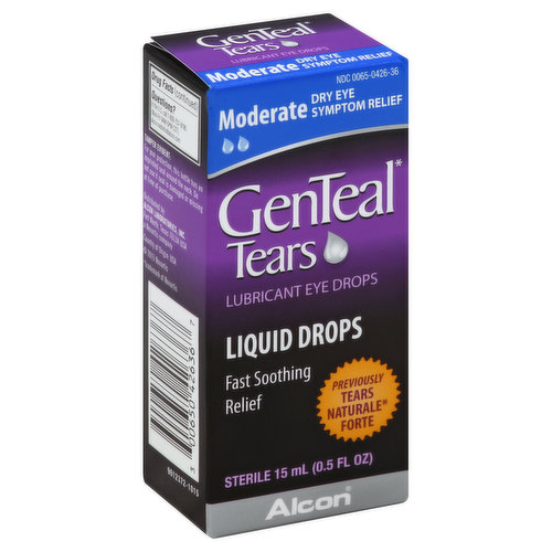 Other Information: Store between 59-77 degrees F (15-25 degrees C). Misc: Dry eye symptom relief. Fast soothing relief. Previously Tears Naturale Forte. Sterile. Questions? In the US call 1-800-757-9195 (Mon-Fri 9AM-5PM CST). GenTeal Tears Moderate Lubricant Eye Drops contains triple demulcent technology. This combination of ingredients works together to retain moisture on the eye and slow evaporation of the tear film. GenTeal Tears Moderate Lubricant Eye Drops is designed to more closely mimic your natural tears. The formulation of GenTeal Tears Moderate Lubricant Eye Drops protects against the recurrence of dry eye symptoms. Country of Origin: USA.