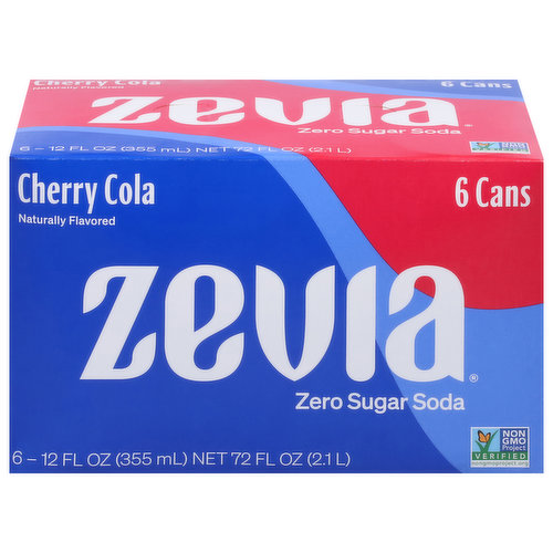 Zevia Soda, Zero Sugar, Cherry Cola, 6 Can
