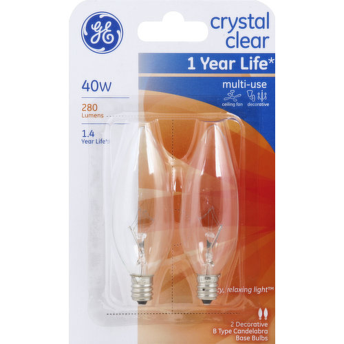 2 decorative B type candelabra base bulbs. 280 lumens. 1.4 year life (Based on 3 hours use per day). Multi-use: ceiling fan; decorative. Cozy, relaxing light. Let GE show you what light can do. From light that lets you see every detail to light that helps you connect with family and friends, from vibrant to gentle - GE's new home lighting solutions make it easy to find the right light for your home. 60-279 Lumens: Subtle, reassuring light. Rugged bulb construction withstands ceiling fan vibration. Add a decorative touch by using crystal clear bulbs from GE in chandeliers, sconces or anywhere the bulb is visible. Blunt tip. Ceiling fan. Decorative. Candelabra base. Visit us on the internet www.GELighting.com 800-GE-Light. Made in China.