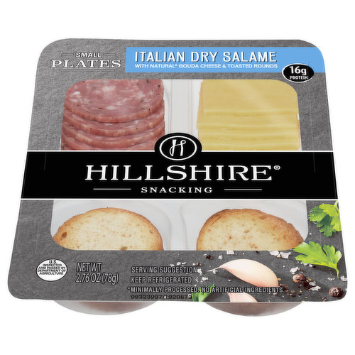 Hillshire Snacking Small Plates for a grown up twist on snack time. Our Italian dry salami snack pack features Italian dry sliced salami, natural Gouda cheese slices, and crisp toasted rounds. Perfectly portioned for snacking on the go, our Italian Dry Salami Small Plate has 16 grams of protein in each ready to eat serving.