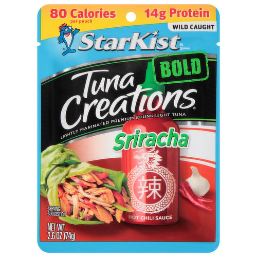 Wild caught. Tear. Eat. Go. Flavor fresh pouch. Sriracha: Hey, can someone pass the sriracha down here? We seasoned our premium wild caught tune with a perfectly spicy-sweet hot sauce, with hints of garlic for a rich and delightfully exotic flavor. It's the perfect addition to ramen noodles, tuna burgers or fork in your hand. What are you waiting for? Just tear, eat and go! Dolphin safe.