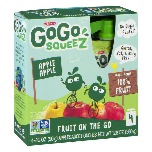 Gluten, Nut & Dairy Free. No sugar added (Not a low calorie food. See nutrition facts for sugars & calorie content). Non GMO Project verified. nongmoproject.org. Our mission is to make it easier for kids & families to be a little healthier & happier every day. For a healthier & happier world. Made from 100% fruit. No preservatives. No spoon, no mess. www.GoGosqueez.com. Facebook. Twitter. Instagram. Pinterest. Comments or questions? Contact the Gogo Gang: contact(at)gogosqueez.com 1-888-288-7148 (M-F 9am-6pm ET). Please keep your pouch handy. GoGo Squeez supports initiatives in local communities and schools to promote healthy nutrition and the overall well-being of kids. To learn more about our mission, visit us at gogosqueez.com/gogocarez. Try them all! Fruit & veggies. Organic fruit & veggies. Organic apples & fruit. Real yogurt & fruit. 25 Flavors: Try them all. Find your favorite. Taking care of our planet is important to us. BPA free. 100% recycled paper. Sustainable Forestry Initiative. Terracycle: GoGo squeez pouches are recyclable through TerraCycle. Collect used pouches & help your favorite cause. Learn more at www.gogosqueez.com/terracycle. Product of USA.