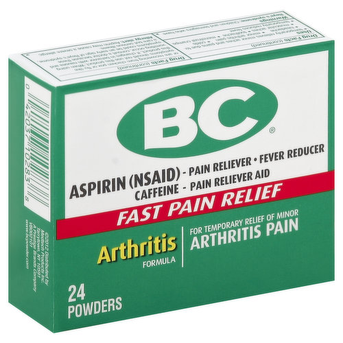 Other Information: Each powder contains: potassium 65 mg. Store below 77 degrees F (25 degrees C). Misc: Aspirin (NSAID) - Pain reliever - Fever reducer. Caffeine - Pain reliever aid. Fast pain relief. For temporary relief of minor arthritis pain. www.bcpowder.com. Questions or comments? 1-866-255-5197 (English/Spanish) weekdays.