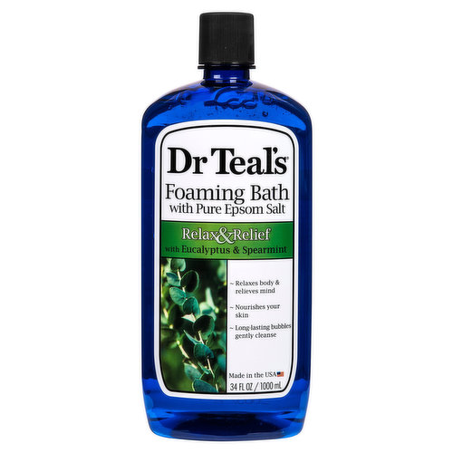 Relaxes body & relieves mind. Nourishes your skin. Long-lasting bubbles gently cleanse. Dr Teal's Foaming Bath transforms your bath into a relaxing spa with essential oils to soothe the senses, revitalize tired achy muscles & help provide relief from stress. Spearmint is used as a restorative for the body, while Eucalyptus stimulated the senses.