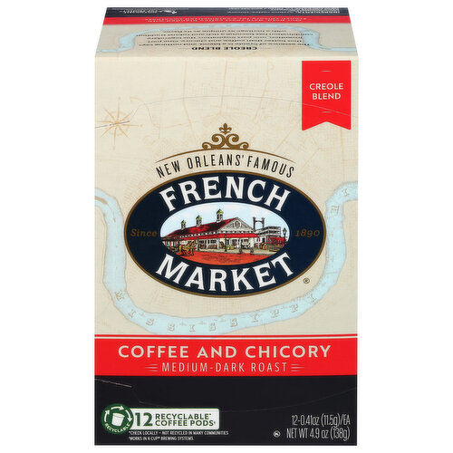 French Market Coffee and Chicory, Medium-Dark Roast, Creole Blend, Coffee Pods