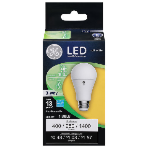 Brightness Quantity: 400 lumens; 980 lumens; 1400 lumens. Energy Info: $0.48; $1.08; $1.57 based on 3 hrs/day, 11 ¢/kWh. Cost depends on rates and use. 3 watts; 9 watts; 13 watts. Package Info: 1. Voltage: . Bulb Info: LED. Is Three Way. Has Energy Star Logo. Screw. Bulb Life: 13.7 years based on 3 hrs/day. Bulb Appearance: 2700 k.