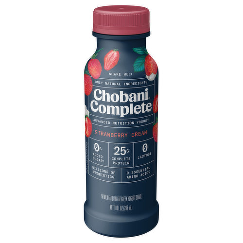 Advanced nutrition yogurt. 0 g added sugar (Not a low calorie food). 25 g complete protein. 3 g soluble fiber. Lactose-free. Gluten-free. Low-fat. 1% milk fat. Billions of probiotics. 9 essential amino acids. Only natural ingredients. This yogurt is advanced. Chobani Complete solves the nutrition puzzle with no added sugar (not a low calorie food), fiber and complete protein. It's advanced nutrition yogurt that's lactose free and easy to digest. Prebiotic. Probiotic. Only real fruit. Grade A. chobani.com. Questions or comments? 1.877.847.6181. A portion of profits for a better world. Introducing Chobani® Complete - advanced nutrition yogurt. 25g of complete protein per drink, lactose-free and no added sugar. What is complete protein? Out of 20 amino acids, there are 9 essential ones our bodies need and that we can only obtain from food we eat. All 9 are in this cup. Made with only natural, non-GMO ingredients.