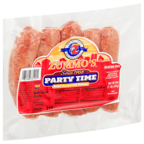 Brand smoked link sausage. Gluten free. Hickory smoked. Family owned & operated. Since 1908. U.S. inspected and passed by Department of Agriculture. www.zummo.com. Visit us at www.zummo.com.