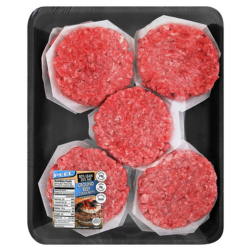 19 g protein per serving. 0 g carbs per serving. Good source iron. 80% lean. 20% fat. Thank you. Prepackaged for your convenience. Beef. It's what's for dinner. Founded by beef farmers and ranchers. U.S. inspected and passed by Department of Agriculture. SmartLabel: Scan the code for info on all things ground beef.