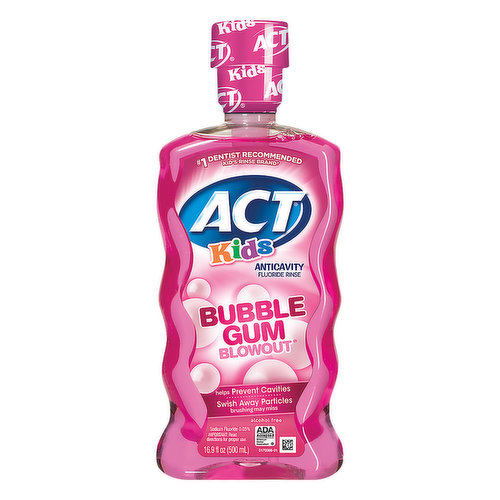 Other Information: Do not use if safety is broken or missing. No.1 dentist recommended Kid's rinse brand (among mouth rinses). Helps prevent cavities. Swish away particles brushing may miss. Alcohol free. Sodium fluoride 0.05%. Alcohol free. ADA Accepted. American Dental Associates. www.ACToralcare.com Learn more at www.ACToralcare.com.