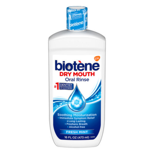 Experiencing constant Dry Mouth symptoms? Biotene Dry Mouth Oral Rinse is ideal for managing Dry Mouth symptoms, when used as part of your daily oral health care routine. It contains a mouth-moisturizing system that is proven to provide soothing relief for up to 4 hours.* Plus, its gentle, alcohol-free formula cleans and refreshes, helping you maintain a healthy mouth. Try Biotene Dry Mouth Oral Rinse today to relieve Dry Mouth symptoms and help freshen breath!*as measured in a 28-day clinical study