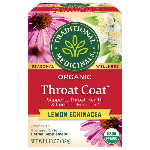 Traditional Medicinals Herbal Supplement, Organic, Throat Coat, Lemon Echinacea, Tea Bags