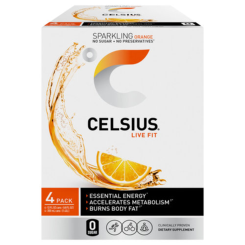 Celsius Energy Drink, Orange, Sparkling, 4 Pack