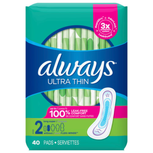 If you think all pads are exactly the same — think again. Get up to 100% leak-free comfort from Always Ultra Daytime Pads with Wings. Plus, Always Ultra Thin Daytime Pads with Wings feature the 3X Protection System to give you peace of mind. RapidDRY works to wick away gushes in seconds and absorbs 90% faster than the leading store brand. The LeakGUARD core locks in leaks and absorbs more than you may need. And OdorLOCK neutralizes odors to help you feel fresh and clean throughout your day!Are you getting the right protection from your pad? Did you know that 60% of women are wearing the wrong size pad? Using the wrong pad size can lead to leaks. Step up in size to help stop leaks. till not sure which Always pad size is right for you? Check out Always Combo Chart, a sizing guide that helps you find the best protection based on your flow AND panty size. Whether you have a heavy flow or a light one, you can easily use the size chart to find your best fit for day and night. Don't forget that Always is FSA eligible! Check with your FSA or HSA plan provider on the coverage of period care products