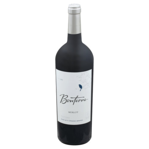 Made with organic grapes. Bonterra was founded on a philosophy that farming organically produces the purest, most flavorful fruit. This holistic approach balances the land and surrounding habitat of wasps, birds and wildlife to produce wines of unmatched flavor and distinction. Our Merlot has the distinctive cherry-berry flavors and subtle aromas of cranberry and chocolate. - Jeff Cichocki, Winemaker. www.bonterra.com. California Certified Organic Farmers. Winery & grapes certified by the California certified organic farmers. 100% post-consumer recycled labels. Alc 13.7% by vol. Vinted & bottled by Bonterra Vineyards in Hopland Mendocino County, CA.
