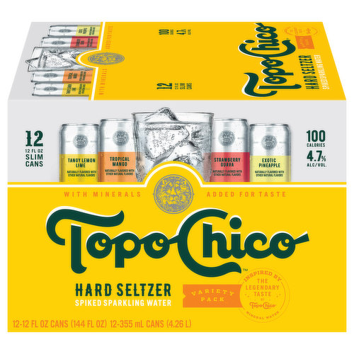 Topo Chico Hard Seltzer is the only spiked sparkling water beverage inspired by the legendary taste of Topo Chico Mineral Water. This Topo Chico Hard Seltzer variety pack features four approachable flavors with a unique twist: (3) Strawberry Guava, (3) Tangy Lemon Lime, (3) Exotic Pineapple, and (3) Tropical Mango hard seltzers. With 4.7% ABV, Topo Chico Hard Seltzer combines unique flavors with added minerals for a smooth taste. Try this refreshing gluten-free alcohol drink with 2g of sugar and 100 calories per can. Serve ice-cold 12-ounce cans of Topo Chico Hard Seltzer to catch up with friends at home, on the beach, or around the pool.