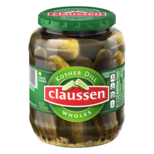 Per 1/3 Pickle: 0 calories; 0 g sat fat (0% DV); 330 mg sodium (14% DV); 0 g total sugars. Refer to code date on side of cap. Claussen Kosher Dill Pickle Wholes deliver just the right amount of crispy crunch and flavorful kick to your favorite sandwiches. Stored in a brine seasoned with turmeric, garlic and red pepper, these whole pickles enhance any recipe. Perfect as picnic sides, these whole dill pickles are ideal for serving with deli sandwiches. They contain 0 calories per serving, and you can even enjoy these Kosher dill pickles as quick snack. For easy and convenient storage, the dill pickles come in a resealable 32 fluid ounce jar that also help lock in flavor. Always chilled and never heated, Claussen's bold crunch can elevate any meal.