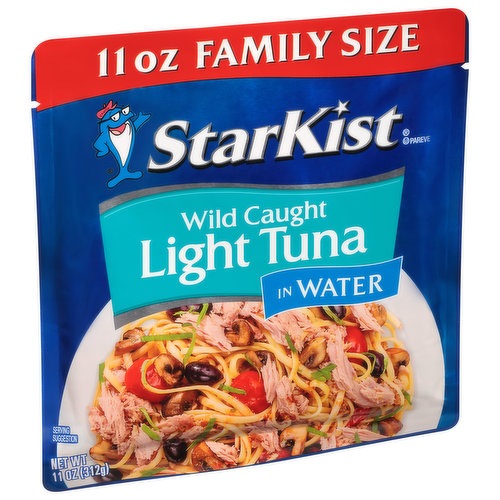 Our premium, wild caught tuna is prepared simply and hand-packed in water for a classic taste that's hard to resist - yet easy to use in your favorite tuna recipes. This extra-large pouch size is perfect for bringing the family together for a delicious meal like our hearty Roasted Vegetable and Tuna Pasta (you'll find the crowd-pleasing recipe on StarKist.com). Just tear, eat and go!