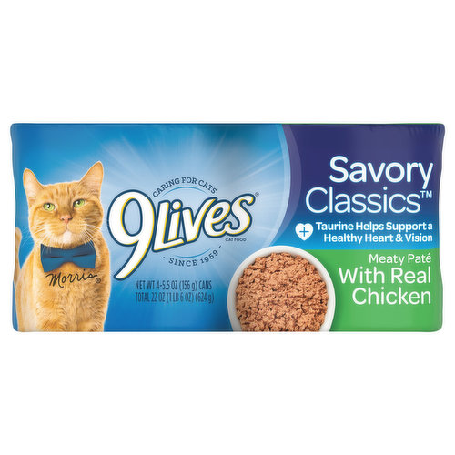 Indulge your cat with every bite of 9Lives Meaty Paté With Real Chicken cat food. It's a decadent meal of soft grounds made with real chicken for the taste they love with the nutrition they need for a long, healthy life.