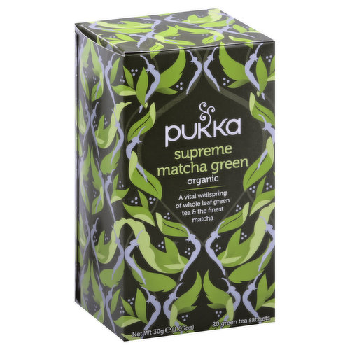 A vital wellspring of whole leaf green tea & the finest matcha. A vital wellspring of whole leaf green tea & the finest matcha. USDA Organic. Certified organic by Soil Association Certification. Organic is non GMO. You are amazing. Pure herbs that offer essential way to be supremely you. Emerald matcha - blending its magic with three exceptional organic green teas. Mornings are clean, green and supreme. Welcome to a whole new world. Every pukka tea uses the highest grade organic herbs. Each one blending our herbal wisdom with delicious flavors to help you lead a fairer, happier life. Master Herbsmith. Adjective, proper or genuine. Origin from hindi pakka: authentic, real, delicious. We love helping to create a healthier and more beautiful, fairer world. It's why our herbalists use practitioner grade herbs to make the best of the best. Of course, all our teas are organic helping to protect biodiversity and our planet with every step. This tea is also fair for life - pioneering standards that protect people and plants in equal measure. We also love being a B corporation - a growing global community using business as a force for good. Like dedicating 1% of everything we sell to benefit the environment. Or being a carbon neutral company. or our love of sustainable packaging. Treating everyone and everything we connect with as respectfully as we can. Carefully crafted organic herbs to help transform your world. 32% Fair Trade Ingredients Certified according to the fair for life standard - pin ho wild jade green tea. Magic Matcha: Crafted from the ground tips of the youngest green tea leaves, matcha is revered for its legendary properties. Our organic matcha comes from the world heritage site of jeju-do- a volcanic island of incomparable vitality. pukkaherbs.us. Certified B Corporation. Made with purpose. Beauty comes from inside as well as outside. It's why our boxes use vegetable-based inks on sustainably sourced, recyclable card. Blended and packed using renewable energy. Everything is non-gm, the manila hemp tea bags and tags are stitched with organic string. Our envelopes and tags can be recycled too. Carefully crafted organic herbs to help transform your worlds. 1% for the planet. Fair for life fair trade.  FSC: Mix - Packaging. Please recycle.  Made in the UK.