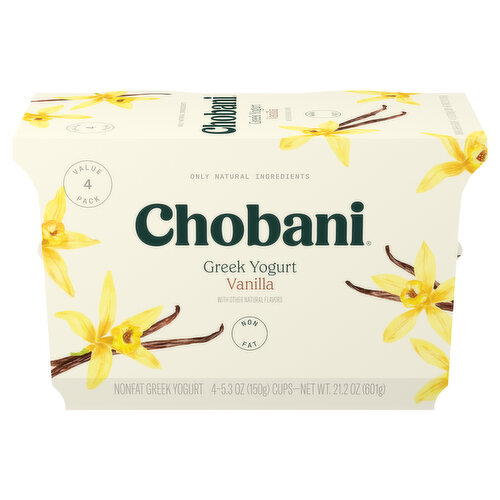 Chobani Yogurt, Nonfat, Greek, Vanilla, 4 Value Pack