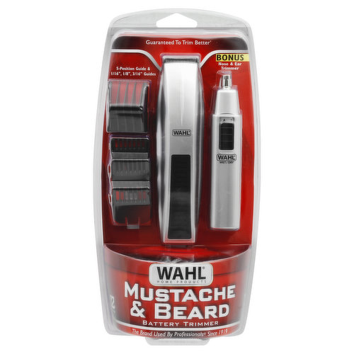 Guaranteed to trim better (If you don't feel your Wahl trims better than any other trimmer you own, simply return the Wahl trimmer to us with the original receipt for refund). Bonus nose & ear trimmer. 5-position guide & 1/16 inch, 1/8 inch, 3/16 inch guides. The brand used by professionals since 1919. The finer the teeth - The finer the quality. Real blades. Trimmer. Nose & ear trimmer. Wahl precision ground vs competition stamped. Also includes: Blade guard; Mustache comb; Blade oil; Cleaning brush; Storage base; English & Spanish instructions. 3 AA batteries required (not included). Stubble guide. Two-day growth. Medium guide (1/8 inch). Short and clean. Full guide (3/16 inch). Thick and even. 5-position guide. 1/16 - 1/2 inch length. 12 pieces. 2 year warranty. Have a question? Talk to a live person Monday - Friday 8 am - 4 pm CST. 1-800-767-9245. 30-day money back guarantee! 2-year limited warranty, details inside. Valid in USA only. Outside USA check with store for Wahl authorized warranty. This product is not intended for professional use; warranty void if used commercially. Www.wahltrimmers.com. Product in package may not be exactly the same as photo due to continuous improvements to the product. Made in China.