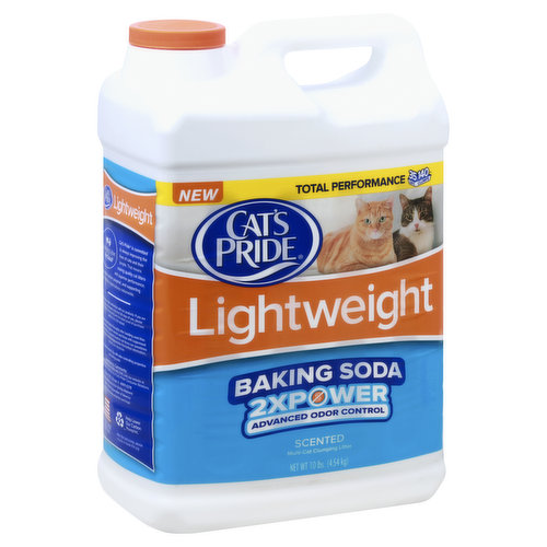 Total Performance: 35 days; 140 clumps. Baking soda. 2x power. Advanced odor control. New. Our highly advanced odor control technology has 2X more power to attack urine and fecal odors, leaving your house smelling twice as nice. So, go ahead and sniff happy with Cat’s Pride Lightweight with Baking Soda cat litter. Forms Tight Clumps: Our highly absorbent clay traps moisture quickly and forms tight clumps that are easy to scoop and dispose. The tight, no-mess clumps make litter box clean up a cinch! 35 Days; 140 Clumps (Based on laboratory testing of absorbency of 100 ml of synthetic cat urine, the equivalent daily litterbox usage of one cat). Total Performance: Our litter is made from highly porous clay so it delivers total performance without lightweight fillers. Our unique formula is so absorbent that one jug yields 140 clumps. That’s 35 days of use for the average cat (but we know your cat is way above average)! Same Fills as 20 lbs (As compared to many traditional scoopable clay litters). Great Value: Our litter is lighter than heavy scoopable litters - just 10 lbs gives you the same fills as 20 lbs of other brands, making it easier to pour and easier to store. Facebook: Learn more about our expertise and how we are Changing Litter for Good at catspride.com and at facebook.com/catspride. Changing Litter for Good. Cat Pride is committed to always improving the lives of cats and their people. That means making quality cat litters with superior performance, reducing the carbon pawprint, and supporting animal welfare organizations nationwide. We guarantee your total satisfaction with our products. If you are unsatisfied for any reason in the first 30 days of use, please return the sales receipt along with the label proof of purchase symbol, for a full refund. Questions & Comments: Please call us toll-free at 1-800-645-3741, visit our website at www.catspride.com or write to us at Cat’s Pride Consumer Relations PO Box 11279, Chicago, IL 60611-0279. Some settling may occur during shipment. Help lower carbon pawprint. After the last scoop, please recycle or reuse this jug. Proudly made in the USA.