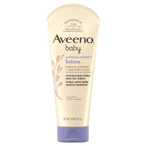 Aveeno Baby Calming Comfort Moisturizing Body Lotion with relaxing scents of lavender and vanilla helps heal and protect baby's delicate skin and moisturizes for 24 hours. This non-greasy moisturizing baby lotion features skin-nourishing natural oatmeal, dimethicone skin protectant, and the calming scents of lavender and vanilla and helps calm baby before bedtime. Suitable for delicate skin, this soothing lavender baby lotion can be used for gentle massage, which is clinically shown to relax babies and improve their overall well-being. Aveeno Baby Calming Comfort Body Lotion is non-greasy, fast-absorbing, pH-balanced and free of parabens, phthalates, steroids and phenoxyethanol. Aveeno is recommended by pediatricians and dermatologists.