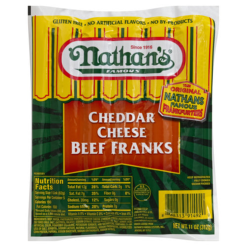 Famous. Since 1916. Gluten free. No artificial flavors. No by-products. The original famous frankfurters. US inspected and passed by Department of Agriculture. Fully cooked. Vacuum packed. www.nathansfamous.com.