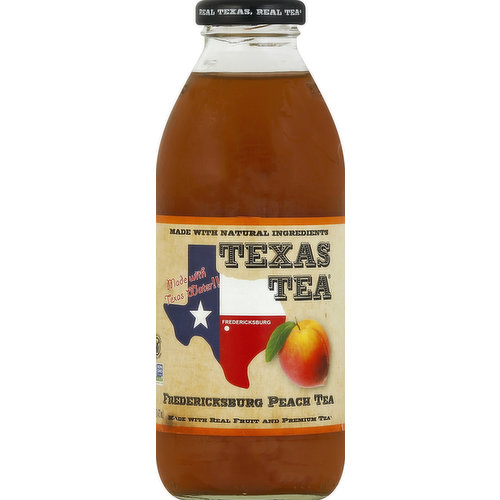 Made with real fruit and premium tea (Brewed organic black tea [water + tea]). 100% all natural. No preservatives. Made with Texas water! Gluten-free. Non GMO Project verified. nongmoproject.org. Facebook: facebook.com/teasoftexas. Twitter: (at)TeasofTexas. Contains 2% juice. All natural, no preservatives. Fredericksburg, Texas: Fredericksburg, known for its famous peaches, was named for Prince Frederick of Prussia by John O. Meusebach in 1846. The town was laid out like the German villages along the Rhine River, from which many of the colonists had come. This strong German heritage can be seen in the architecture, food and rich traditions of Fredericksburg. Fredericksburg was the birth place of Fleet Admiral Chester William Nimitz, United States Navy. Visit us at www.teasoftexas.com. Go Texan. Real Texas, real tea. Products of Texas.
