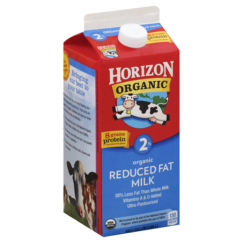 38% less fat than whole milk. Vitamins A & D added. Ultra-pasteurized. 8 grams protein in every 8 oz glass. USDA organic. We're proud to be part of the National Organic Program, which prohibits the use of GMOs. 130 calories per cup. horizonorganic.com. Calling all busy families! We've got you covered with good foods kids love. Count on Horizon as part of a get-'em-ready breakfast, a quick-and-easy dinner and the lunchbox in between. We always do our best to choose simple, recognizable ingredients so you can feel great about bringing us home. Look for our growing family throughout the store. Our Promise to You: Bringing the best to your table. We know how much you care about feeding your family because we're parents too. That's why we support the organic movement and keep our foods as wholesome as they are delicious. We're proud to be part of the National Organic Program, which prohibits the use of GMOs. We raise our cows kindly and don't use growth hormones (No significant difference has been shown between milk from rBST-treated and non rBST-treated cows) or antibiotics. We steer clear of artificial colors, flavors and preservatives. We're proud to work with farm families all around the country to bring you delicious organic milk. From sunny California to the rolling hills of New York, local farmers are the heart of Horizon. Grade A. Fat reduced from 8 g to 5 g. Certified organic by Quality Assurance International. We'd love to hear from you! 1-888-494-3020 or visit HorizonOrganic.com. Facebook. Twitter. Recyclable: Facilities may not exist in your area. Visit our partners at RecycleCarton.com.
