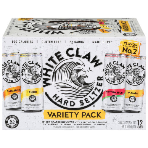 Spiked sparkling water with a hint of fruit flavors. 3 x Tangerine. 3 x Lemon. 3 x Watermelon. 3 x Mango. Flavor Collection No.2. Made pure. Crafted using our unique Brewpure process and only the finest flavors to deliver a surge of pure refreshment and a hard seltzer like no other. White Claw Hard Seltzer. Brewpure made using our proprietary Brewpure process. Please drink responsibly. Tangerine: Sustainable Forestry Initiative: Certified sourcing. www.sfiprogram.org. Mango: Sustainable Forestry Initiative: Certified sourcing. www.sfiprogram.org. Watermelon: Sustainable Forestry Initiative: Certified sourcing. www.sfiprogram.org. Lemon: Sustainable Forestry Initiative: Certified sourcing. www.sfiprogram.org. Please recycle.