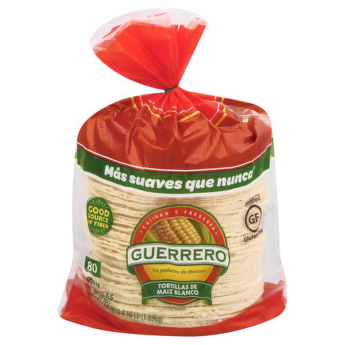 Certified Gluten-free. Gluten free. Good source of fiber. Low fat. Enjoy the authentic Mexican flavor and tradition with Guerrero corn tortillas, and make whatever you crave most with the softness and freshness that only Guerrero tortillas have for you. Our Guerrero corn tortillas are a good source of fiber, gluten free, and low fat, so you know that you are eating nutritiously and taking care of your family. Guerrero white corn tortillas taste freshly baked and will always bring a little piece of Mexico to your table. Locally baked and delivered fresh from your Guerrero bakery. tortillasguerrero.com. Questions or comments? 1-800-600-8226 weekdays 9AM to 5PM Central Time. For questions, comments or delicious recipes, please visit tortillasguerrero.com.