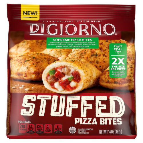 New! It's not delivery. It's Digiorno. 2X the size per piece. On average by weight as sold v. the leading national pizza snack rolls ( A serving (85 g) of ours = 3 pieces; theirs = 6 pieces). Digiorno Stuffed Pizza bites are perfect for anytime snacking and sharing. Our bite size pizza snacks have full size flavor. Made with real cheese. Buttery garlic & herb seasoned crust. Zesty marinara sauce.