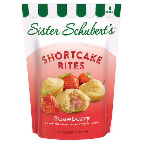 Sister Schubert's has delivered delicious homemade taste in breads for decades. Now Sister is pairing her signature bread recipes with classic, flavorful fillings to create a delightful snack. These Bites are perfect for any time of day and, as always, have the just-like-homemade quality that you can expect from Sister. Moist fluffy shortcake + creamy sweet strawberry.