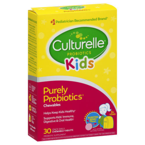 Supplement Facts. 3+ years. With other natural flavors. No. 1 pediatrician recommended brand (Based on a 2018 survey among pediatricians recommending a probiotic brand). Helps keep kids healthy. Supports kids immune, digestive & oral health. Culturelle Kids Purely Probiotics Chewables are formulated to help keep your kids healthy & at their best, for whatever the day may bring. This product contains LGG probiotic, the most clinically studied strain in children (Based on the number of studies of Lactobacillus rhamnosus GG as of January 2019); to help support both immune and digestive health. Support natural immune defenses. Boost digestive health. Promotes healthy teeth & gums. Our Brand Values: We're on a mission to inspire better health & wellness for you & your family. We believe in integrity, so we hold ourselves to the highest standards of truth. We believe in the natural power of your body's microbiome, & in scientific research & products that will unlock its full potential. We believe in uncompromising quality, safety & proven efficacy. We believe in empowering you to embrace every day with confidence. Naturally source LGG. Most researched strain in children (Based on the number of studies of Lactobacillus rhamnosus GG as of January 2019). The Culturelle Difference (Exclude gummy formulas). www.Culturelle.com. For questions, concerns or to report an adverse event, please call (800) 722-3476. www.Culturelle.com. (These statements have not been evaluated by the food and drug administration. This product is not intended to diagnose, treat, cure or prevent any disease.) Denmark.